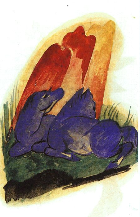 Two Blue Horses in Front of a Red Rock (postcard)